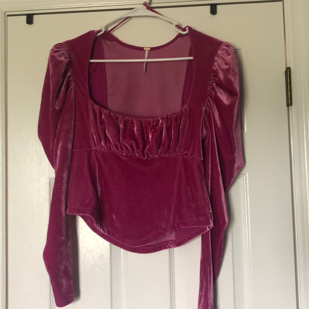 Pink free people velvet puff sleeve top